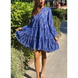 Juliet Dunn Tuckernuck Floral Blue Block Print Swing Bell Sleeve Mini Dress S